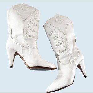 Vintage SACHA LONDON White Leather Embellished Western Boots 1980s Sz 7.5